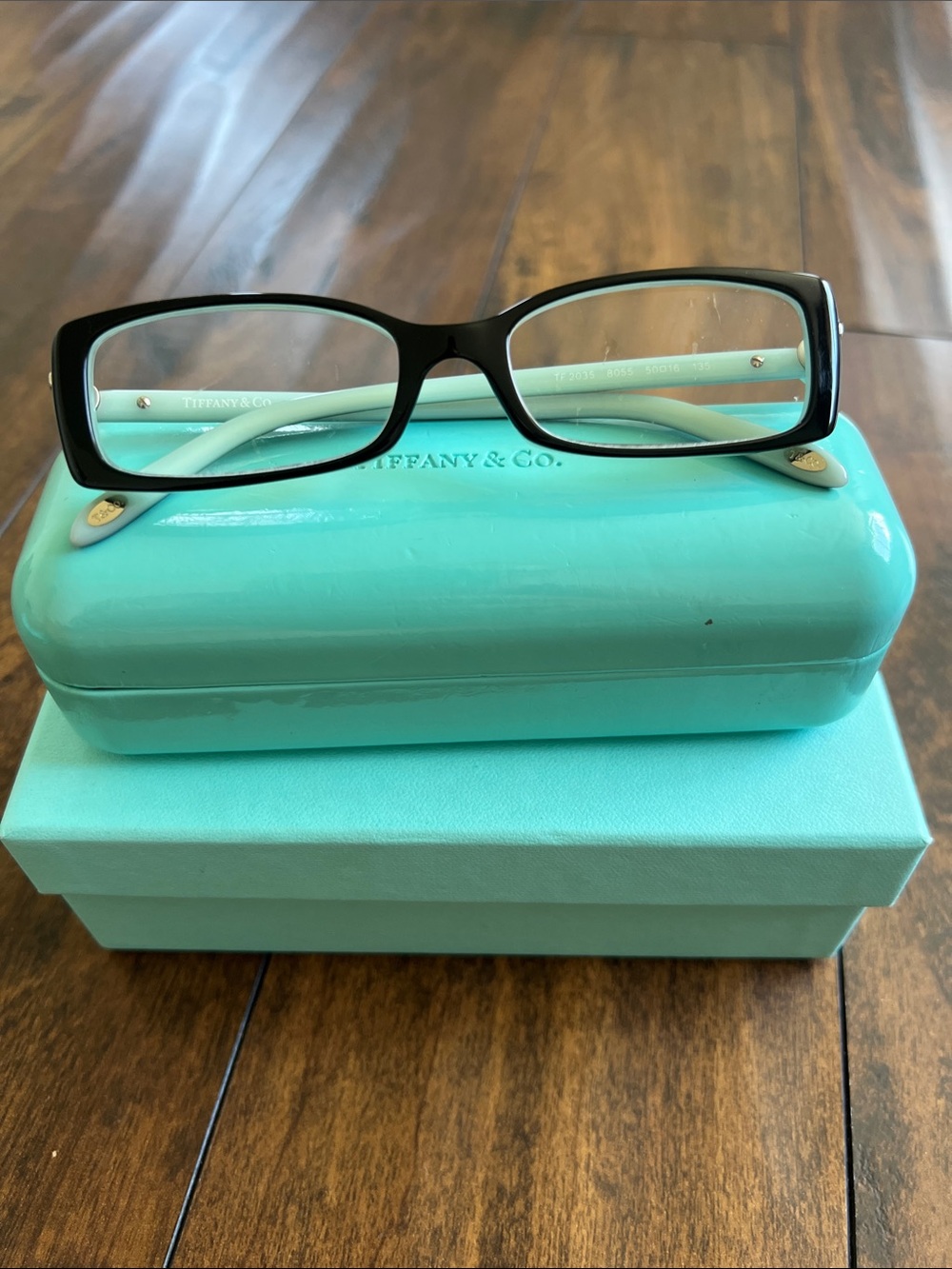 Tiffany & Co. Black Rectangular Glasses with Tiffany Blue Case